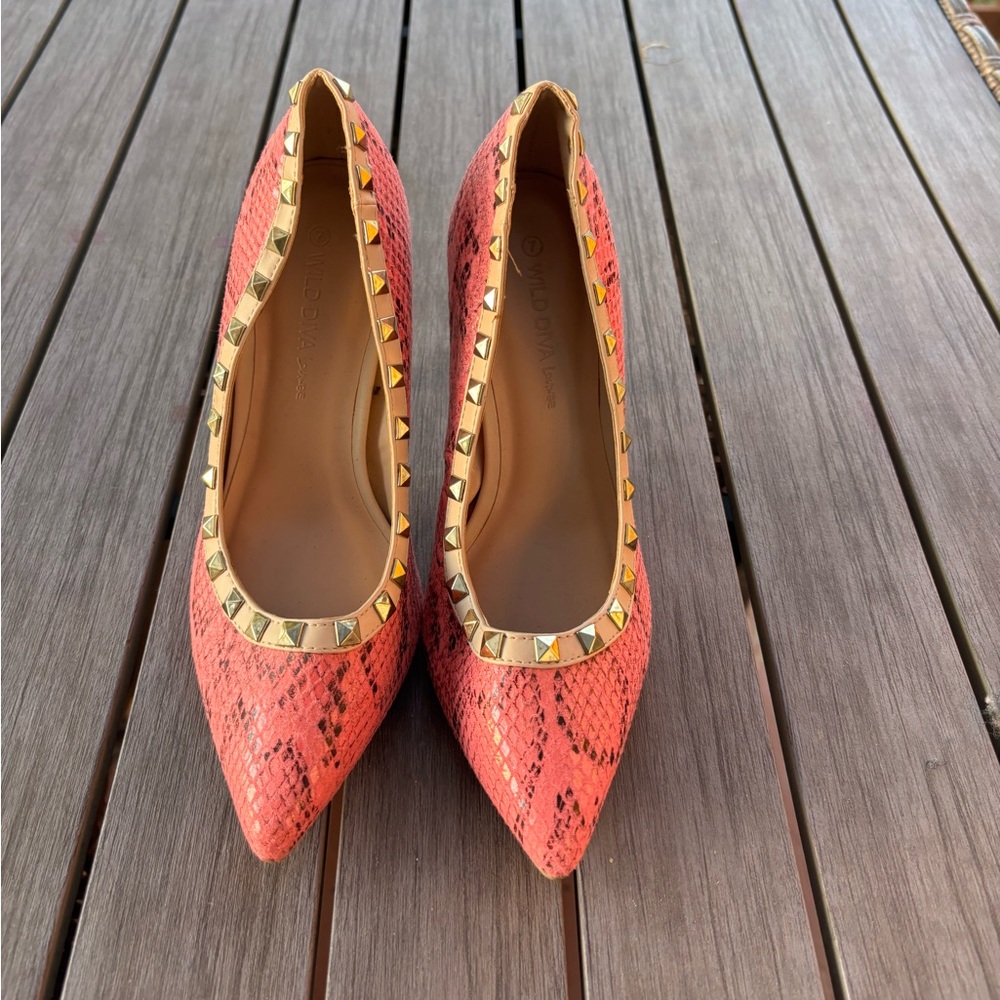 Wild Diva Pink Snakeskin Studded Heels